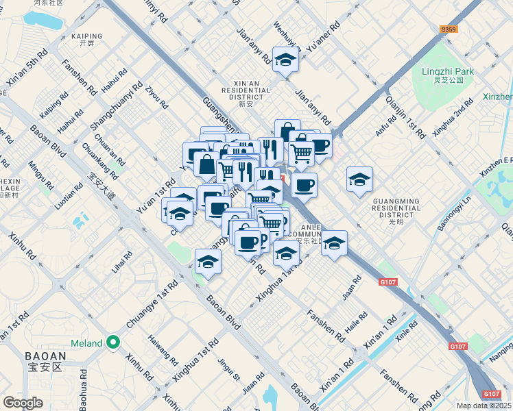map of restaurants, bars, coffee shops, grocery stores, and more near Chuang Ye Yi Lu in Shen Zhen Shi