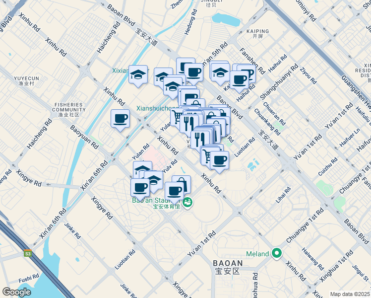 map of restaurants, bars, coffee shops, grocery stores, and more near Yu Lv Lu in Shen Zhen Shi