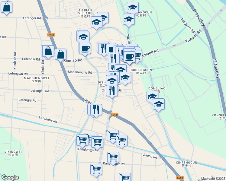 map of restaurants, bars, coffee shops, grocery stores, and more near De Long Lu in Zhong Shan Shi