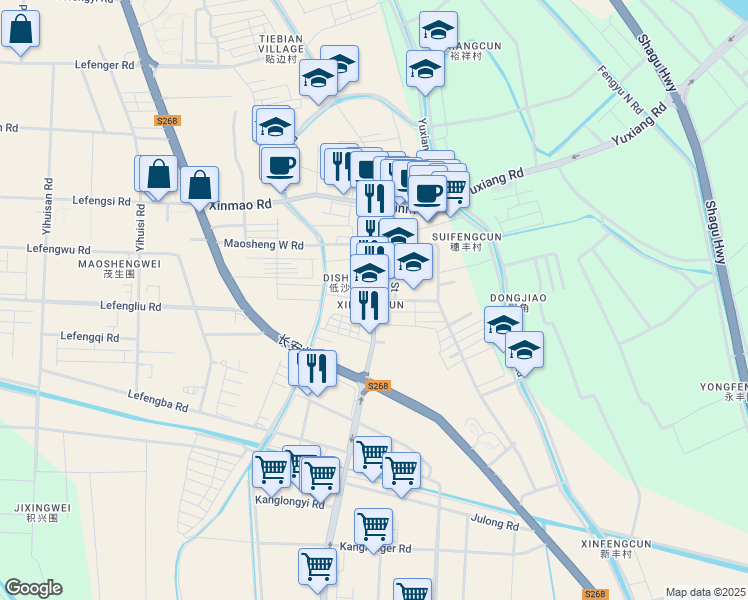 map of restaurants, bars, coffee shops, grocery stores, and more near De Long Lu in Zhong Shan Shi