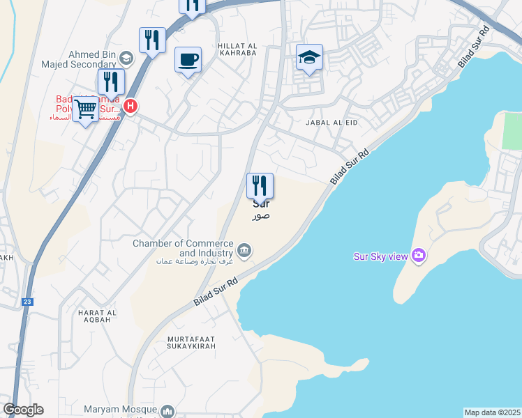 map of restaurants, bars, coffee shops, grocery stores, and more near in Sur