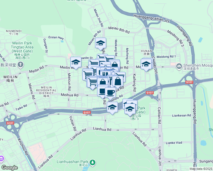 map of restaurants, bars, coffee shops, grocery stores, and more near 30-1 Guang Xia Lu in Shen Zhen Shi