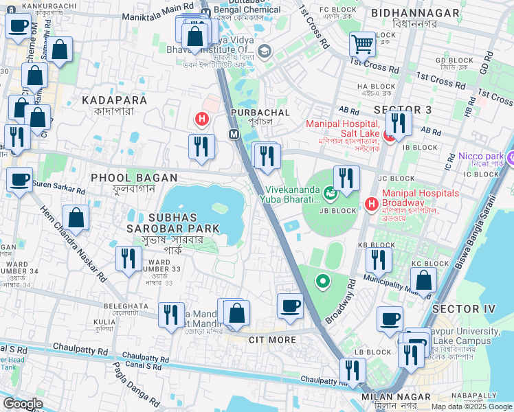 map of restaurants, bars, coffee shops, grocery stores, and more near 35J Radha Madhab Dutta Garden Lane in Kolkata