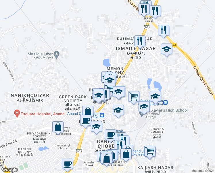map of restaurants, bars, coffee shops, grocery stores, and more near in Anand