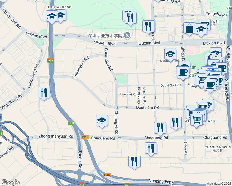 map of restaurants, bars, coffee shops, grocery stores, and more near Chuang Ke Lu in Shen Zhen Shi