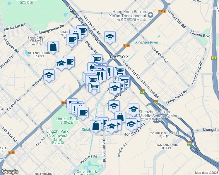 map of restaurants, bars, coffee shops, grocery stores, and more near Hai Zhen Lu in Shen Zhen Shi