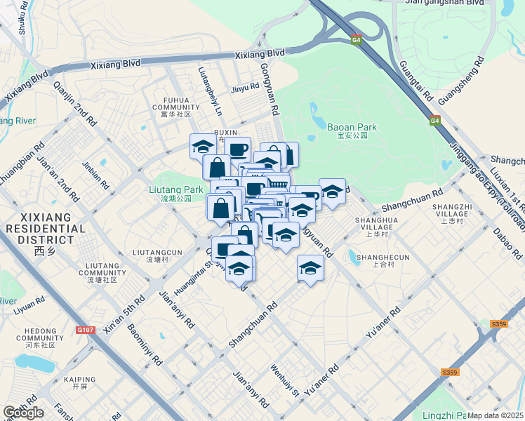 map of restaurants, bars, coffee shops, grocery stores, and more near Xin An Si Lu in Shen Zhen Shi