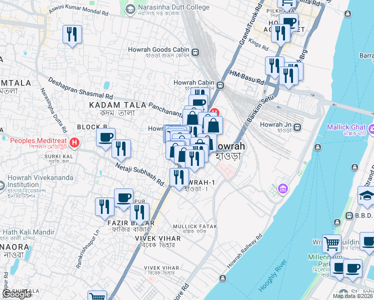 map of restaurants, bars, coffee shops, grocery stores, and more near Sadar Boxi Lane in Howrah
