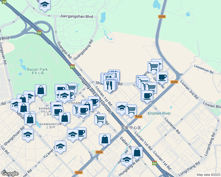 map of restaurants, bars, coffee shops, grocery stores, and more near Liuxian 1st Road 4th Alley in Shenzhen