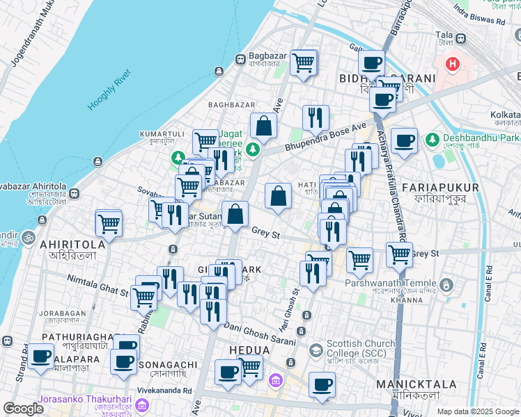 map of restaurants, bars, coffee shops, grocery stores, and more near Raja Naba Krishna Street in Kolkata
