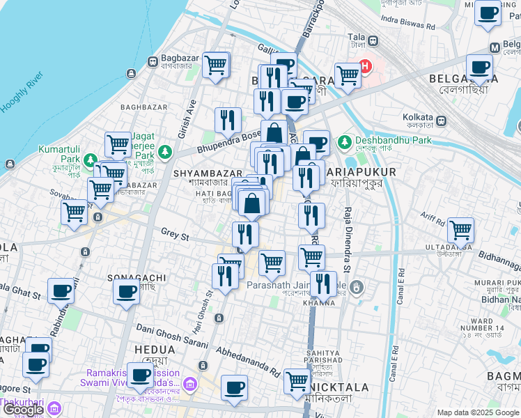 map of restaurants, bars, coffee shops, grocery stores, and more near Kirti Mitra Lane in Kolkata