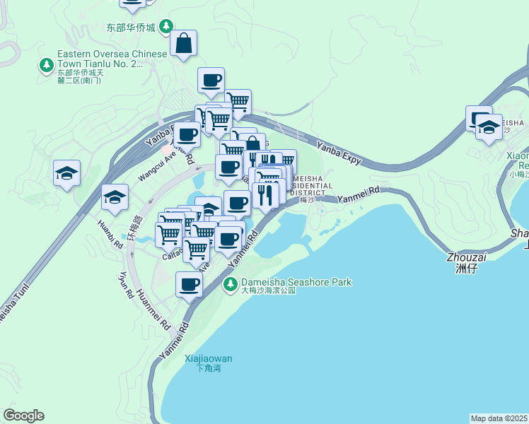map of restaurants, bars, coffee shops, grocery stores, and more near 90 Yan Mei Lu in Shen Zhen Shi