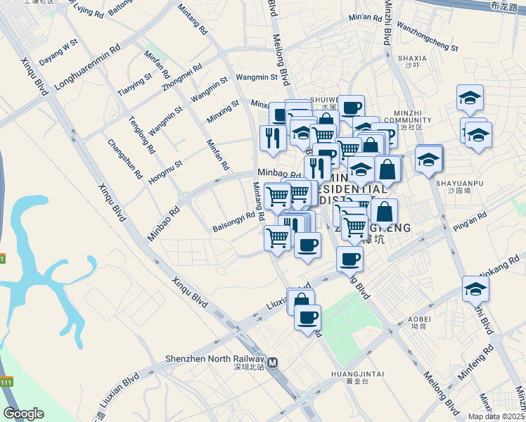 map of restaurants, bars, coffee shops, grocery stores, and more near Min Tang Lu in Shen Zhen Shi