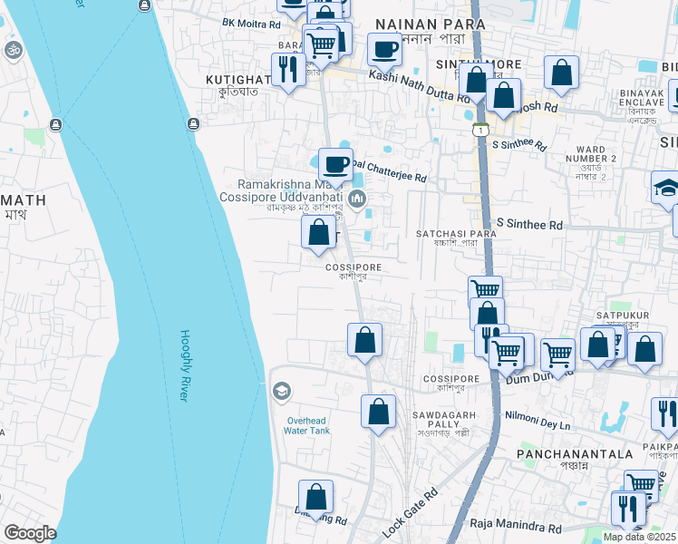 map of restaurants, bars, coffee shops, grocery stores, and more near 28 Jheel Road in Kolkata