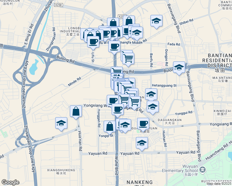 map of restaurants, bars, coffee shops, grocery stores, and more near Wu He Da Dao in Shenzhen Shi
