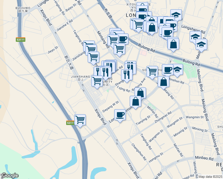 map of restaurants, bars, coffee shops, grocery stores, and more near Teng Long Lu in Shen Zhen Shi