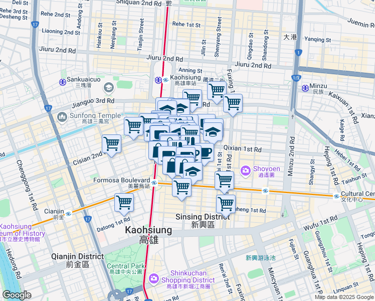 map of restaurants, bars, coffee shops, grocery stores, and more near 233 Linsen 1st Road in Sinsing District