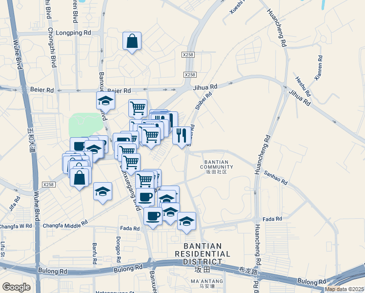 map of restaurants, bars, coffee shops, grocery stores, and more near Ban Tian Guang Chang Lu in Shen Zhen Shi