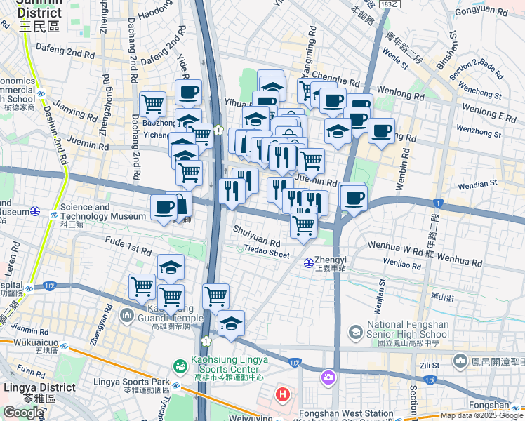 map of restaurants, bars, coffee shops, grocery stores, and more near 156 Jiuru 1st Road in Sanmin District