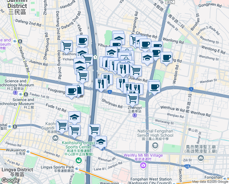 map of restaurants, bars, coffee shops, grocery stores, and more near 156 Jiuru 1st Road in Sanmin District