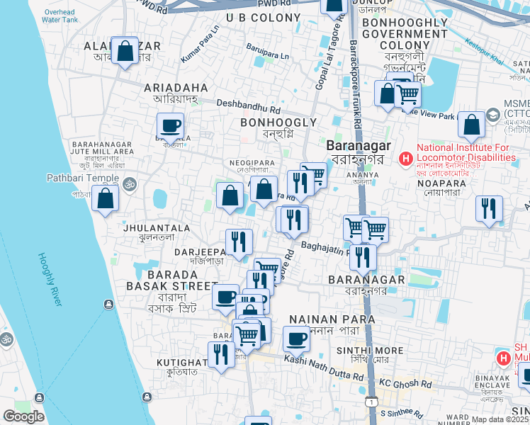map of restaurants, bars, coffee shops, grocery stores, and more near Sashi Bhushan Neogi Garden Lane in Kolkata