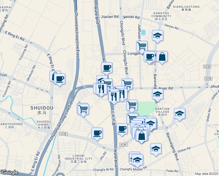 map of restaurants, bars, coffee shops, grocery stores, and more near Wu He Da Dao in Shenzhen Shi