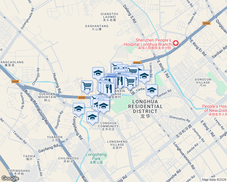 map of restaurants, bars, coffee shops, grocery stores, and more near Rong Chang Jie in Shenzhen Shi