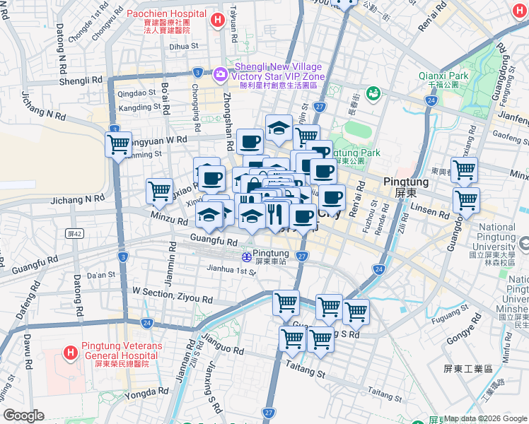 map of restaurants, bars, coffee shops, grocery stores, and more near 9 Yongfu Road in Pingtung City
