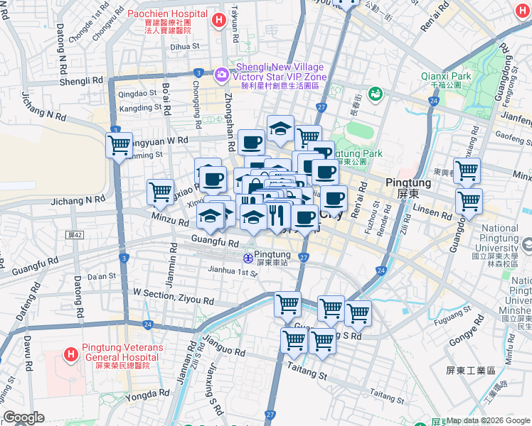 map of restaurants, bars, coffee shops, grocery stores, and more near 9 Yongfu Road in Pingtung City