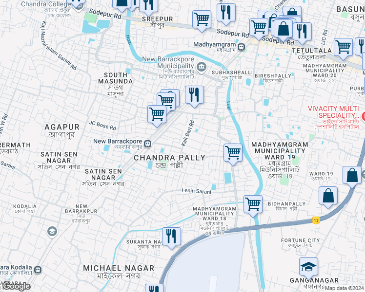 map of restaurants, bars, coffee shops, grocery stores, and more near Kali Bari Road in Kolkata