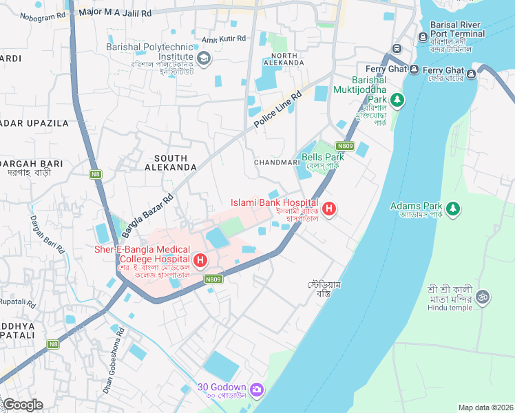 map of restaurants, bars, coffee shops, grocery stores, and more near Baptist Mission Road in Barisal