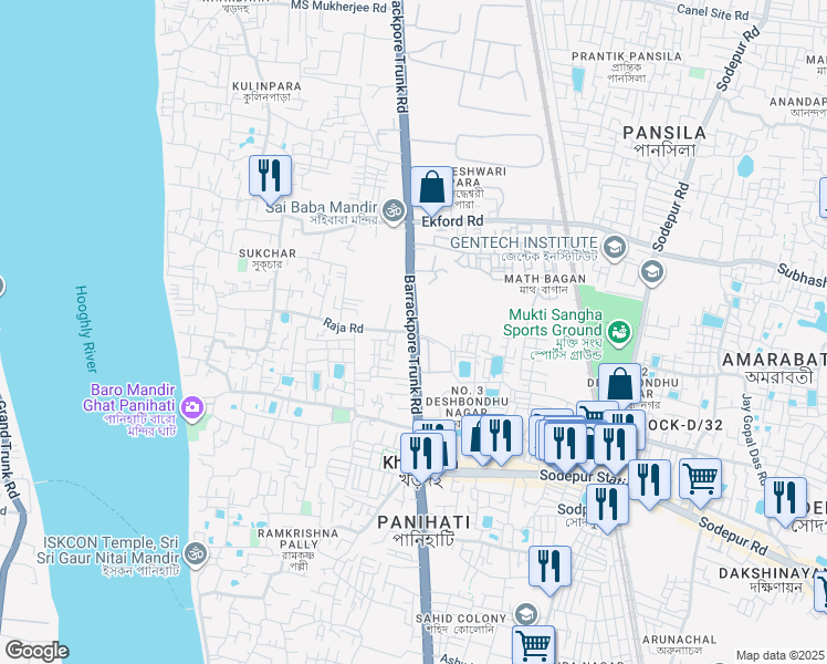 map of restaurants, bars, coffee shops, grocery stores, and more near Barrackpore Trunk Road in Kolkata