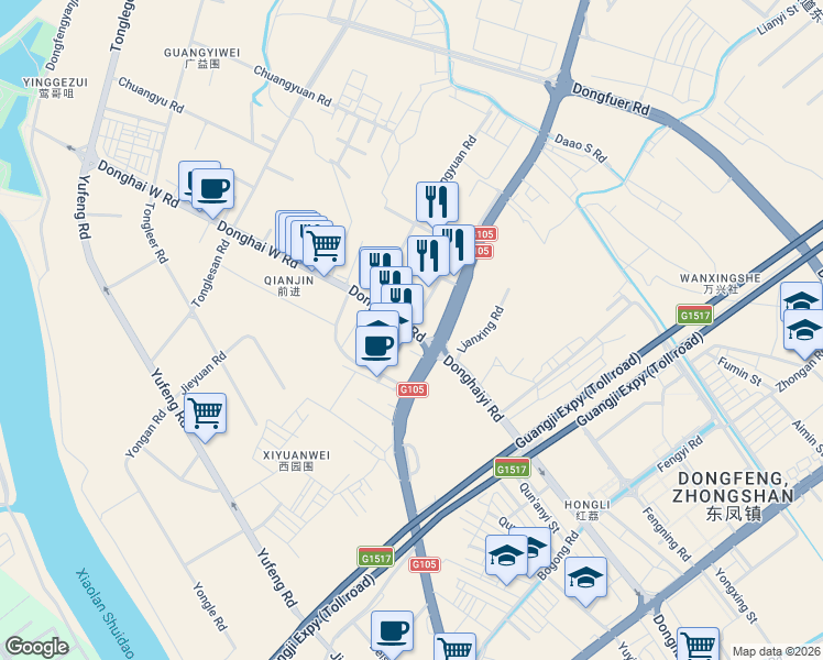 map of restaurants, bars, coffee shops, grocery stores, and more near An Yuan Lu in Zhong Shan Shi