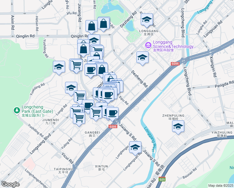 map of restaurants, bars, coffee shops, grocery stores, and more near Xi Pu Lu in Shen Zhen Shi