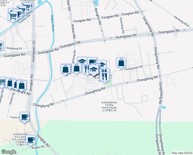 map of restaurants, bars, coffee shops, grocery stores, and more near Chang Zhen Lu in Shen Zhen Shi