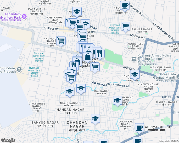 map of restaurants, bars, coffee shops, grocery stores, and more near 562 Kalani Nagar in Indore