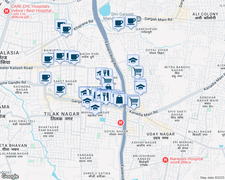 map of restaurants, bars, coffee shops, grocery stores, and more near Kanadia Road in Indore