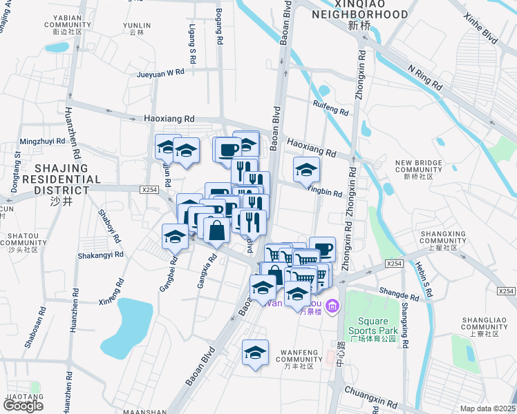 map of restaurants, bars, coffee shops, grocery stores, and more near Jin Gang Jie in Shen Zhen Shi