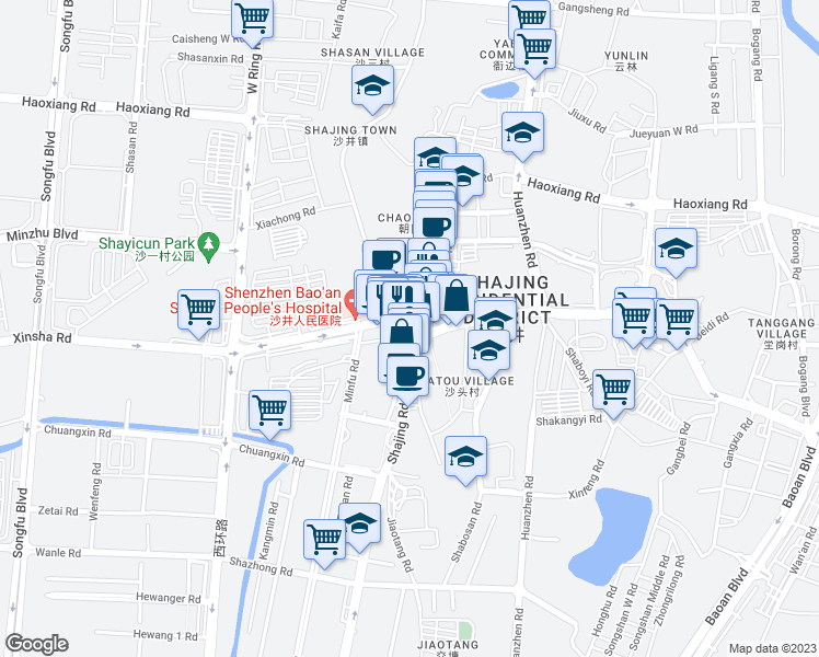 map of restaurants, bars, coffee shops, grocery stores, and more near Sha Jing Lu in Shen Zhen Shi
