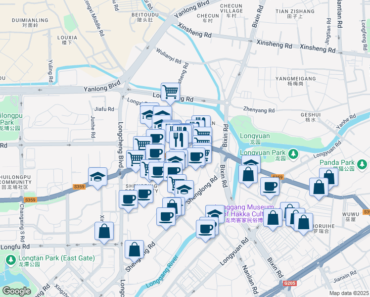 map of restaurants, bars, coffee shops, grocery stores, and more near 440-1 Long Ping Dong Lu in Shen Zhen Shi