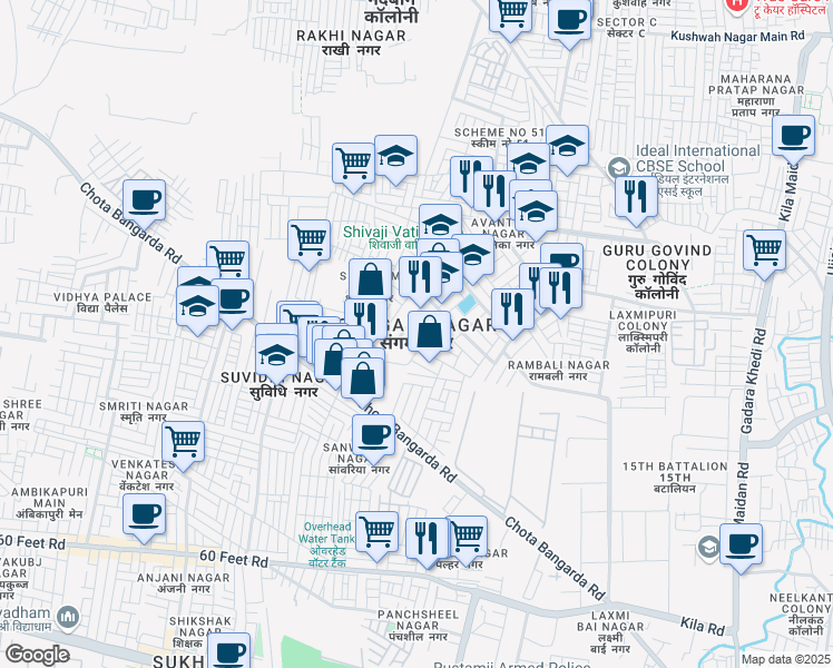 map of restaurants, bars, coffee shops, grocery stores, and more near in Indore