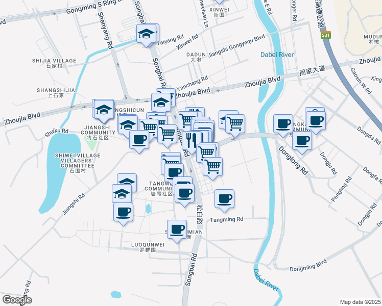 map of restaurants, bars, coffee shops, grocery stores, and more near Songbai Road in Shenzhen