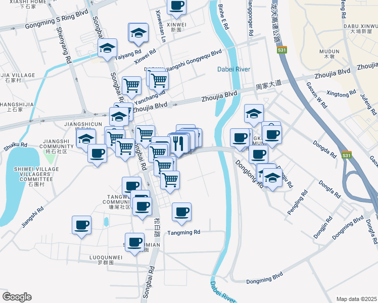 map of restaurants, bars, coffee shops, grocery stores, and more near Dong Long Lu in Shen Zhen Shi