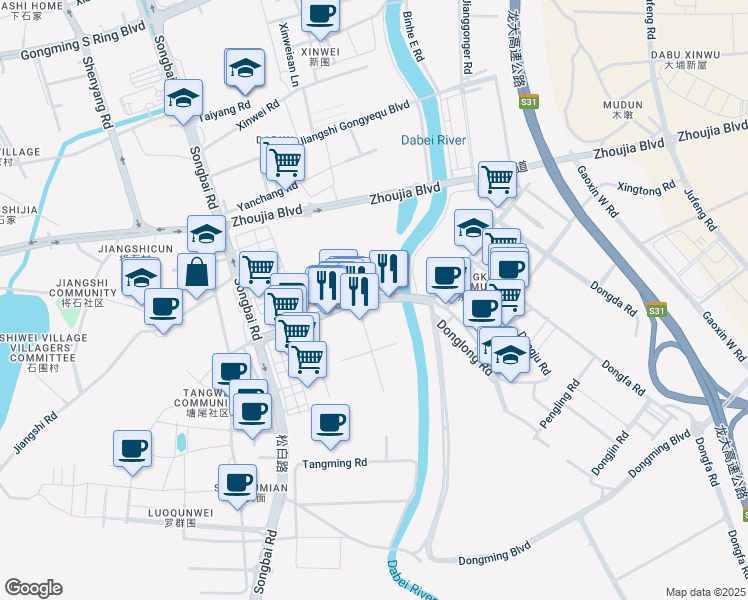 map of restaurants, bars, coffee shops, grocery stores, and more near Dong Long Lu in Shen Zhen Shi