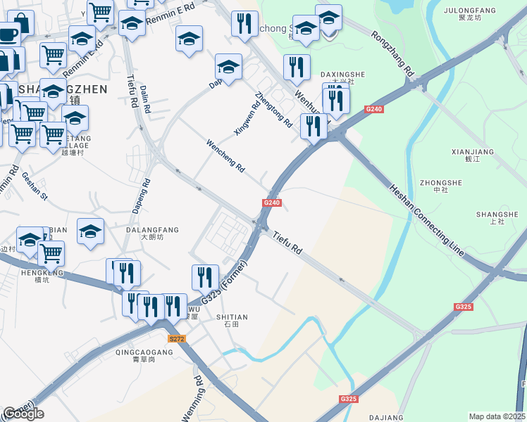 map of restaurants, bars, coffee shops, grocery stores, and more near Tie Fu Lu in Jiang Men Shi