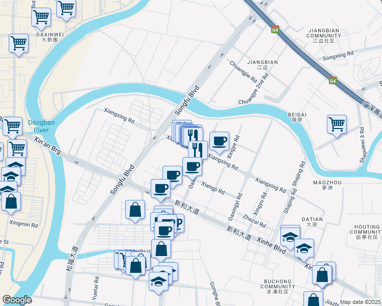 map of restaurants, bars, coffee shops, grocery stores, and more near Xiangxing Road in Shenzhen