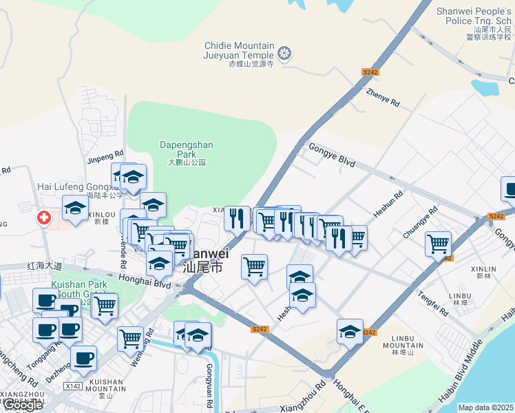 map of restaurants, bars, coffee shops, grocery stores, and more near Shan Wei Da Dao Nan in Shan Wei Shi