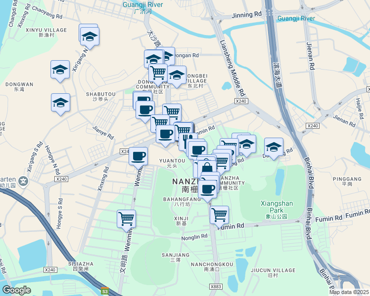 map of restaurants, bars, coffee shops, grocery stores, and more near Tai Sha Lu in Dong Guan Shi