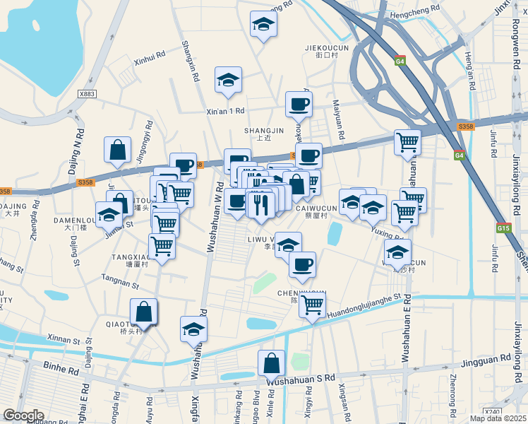 map of restaurants, bars, coffee shops, grocery stores, and more near Li Wu Lu in Dong Guan Shi