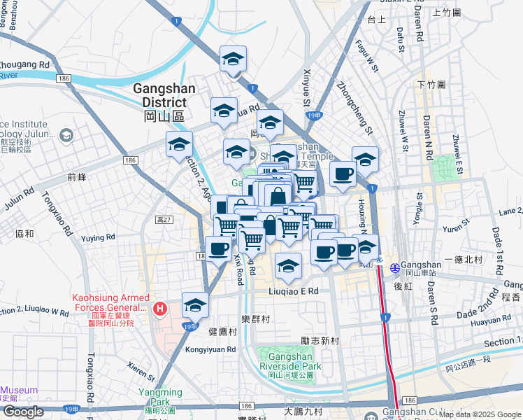 map of restaurants, bars, coffee shops, grocery stores, and more near 99 Shoutian Road in Gangshan District